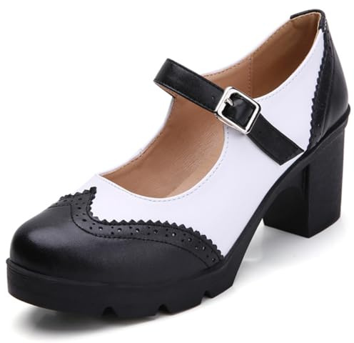 DADAWEN Women's Chunky Low Block Heels Mary Jane Closed Toe Work Pumps Comfortable Round Toe Oxfords Dress Wedding Shoes Black/White US Size 7.5