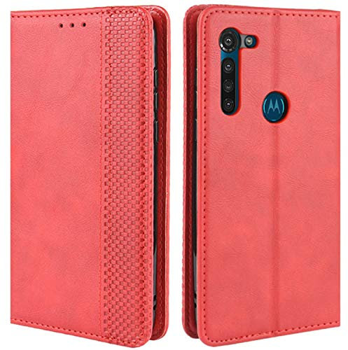 HualuBro Coque pour Motorola Moto G8, Housse à Rabat en Retro PU Cuir Flip Cover Case Antichoc Magnétique Portefeuille Etui pour Motorola Moto G8 Coque (Rouge)