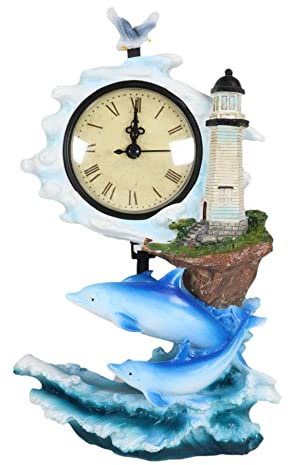 Ebros Gift Blue Nautical Marine Ocean Bottlenose Dolphins Family Near Lighthouse Swimming Over Current Waves Table Clock Under The Sea Life Desktop Clocks Figurine
