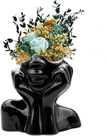 Fanatao Black Female Form Face vase, Ceramic Home Decor Art, Unique Modern Decorative Vase for Tabletop, 5.11 H