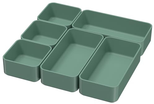 6 Pcs Stackable Drawer Organizer Set Desk Drawer Dividers, Bathroom Vanity Cosmetic Makeup Trays , Multipurpose Plastic Storage Bins for Jewelries, Kitchen Gadgets and Office Accessories, Green