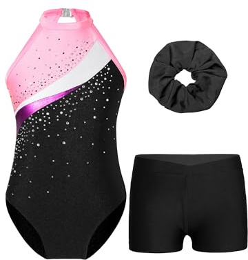 TiaoBug Enfant Fille Justaucorps Gymnastique Paillette Ensemble de Sport avec Shorts Tenue de Patinage Artistique sans Manches Costume Entraînement 5-14 Ans Noir&Rose D 7-8 ans