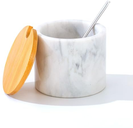 NHKRTE Marble Sugar Bowl with Lid and Spoon, Salt Cellar Sugar Jar White