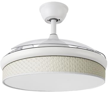 ABRILA - Ventilador DC MODA | Color Blanco con tres Aspas Desplegables ABS y Difusor Cañizo Blanco | 6 Velocidades Ajustables | 3 Temperaturas de Luz | con Temporizador y Mando a Distancia Incluido