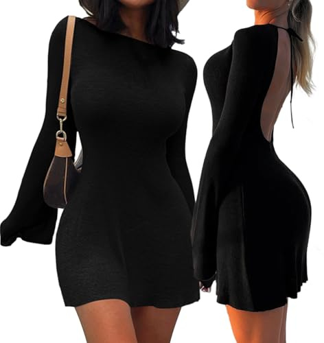 MeeQee Robe à Manches Longues Femme Sexy Backless Moulante Mini Robes Y2K Bodycon Slim Fit Courte Dress Élégante Noir Robe pour Cocktail Fête Clubbing