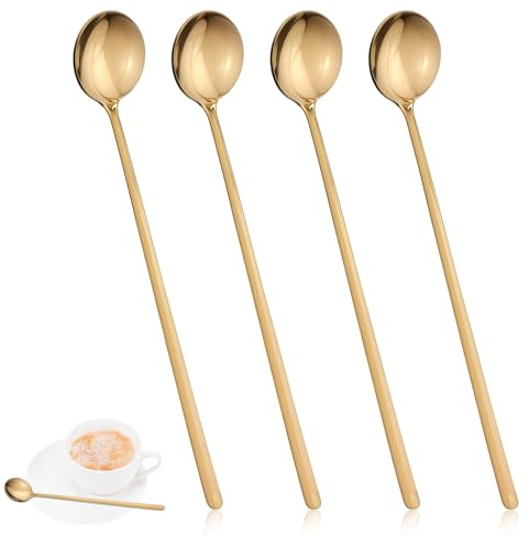4 Pack Gold Coffee Stir Spoons for Coffee Bar Long Espresso Stirring Spoon Teaspoons Cocktail Tea Mixing Spoon 6.7 Inches Ice Stainless Steel
