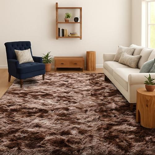 SOANNY Alfombra de Pelo Largo para Salón, Lavable Antideslizante y Suave, Diseño Tie-Dye Shaggy para Dormitorio y Habitación Infantil, Tapete para Cama, 90x150 cm, Marrón