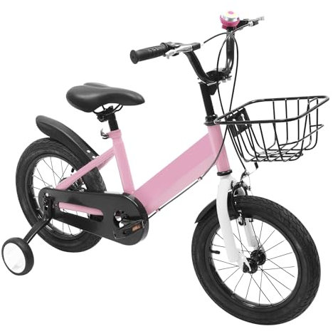 LKHDONG 14 Zoll Kinderfahrrad, Kinder Fahrrad für ab 3-5 Jahre,Fahrrad Kinder mit Frontkorb & Stützrädern, Kinderfahrräder HöHenverstellbar für Jungen & Mädchen (Rosa)