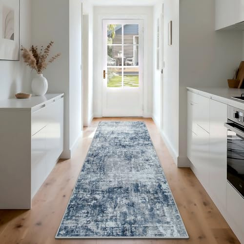Runner Rug for Hallways Kitchen 2'6x8' Washable, Non Slip Carpet 8ft Area Rugs Entryway Rubber Backed 8 Feet Neutral Abstract Modern Low Pile Indoor Blue Grey