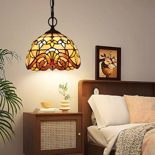 Dualbao Baroque Small Pendant Lamp, 8 Inches Tiffany Style Beige Classic Vintage Stained Glass Pendant Ceiling Light Djustable Chain for Hanging Lighting Bedside Kitchen Dining Room Corridor