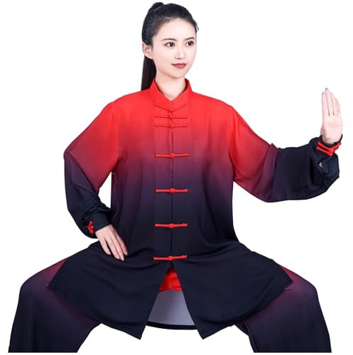 YIYOHON Damen-Tai-Chi-Uniform mit Farbverlauf, Kung-Fu-Kleidung aus Seide und Leinen, Traditionelle Kampfsportkleidung, Lässiges Langarm-Outfit für Morgenübungen,Red-XS