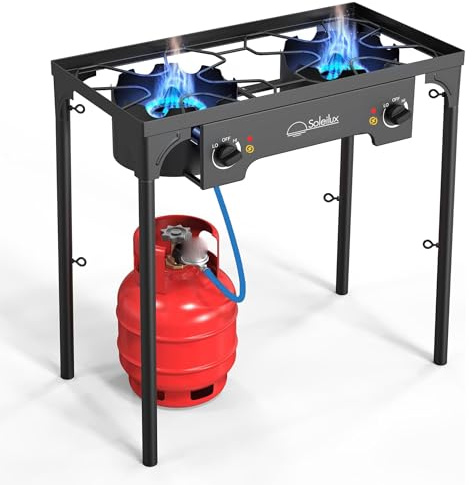 SOLEILUX Fornellone Fornello 2 Fuochi 75x38cm 3 IN 1 Rialzato Da Esterno Gpl Con Accensione Piezo H 81cm - NERO