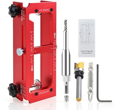 Door Hinge Jig, Aluminum Alloy Door Hinge Mortiser, Adjustable Mortise Jig Fits for Door Hinges from 2.5” to 5” Length and Types of Sqaure, Radius 1/4”, Radius5/8