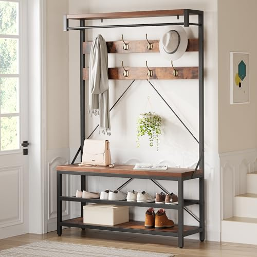 GarveeHome - Mueble de entrada con banco, 9 ganchos y estante, percheros, vestuario, para pasillo, dormitorio, estilo industrial, marrón rústico y negro, 101 x 40 x 182 cm