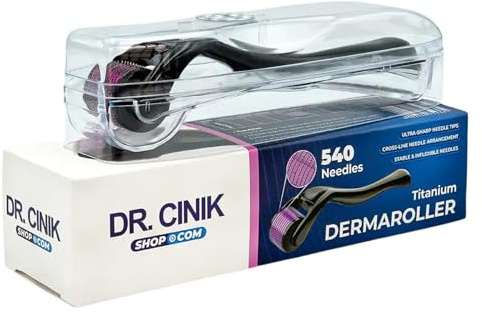 Dr. Cinik Titanium Dermaroller 0,5 mm pour la croissance des cheveux et le renouvellement de la peau 540 aiguilles en titane pour stimulation folliculaire Amélioration de l'absorption du sérum et