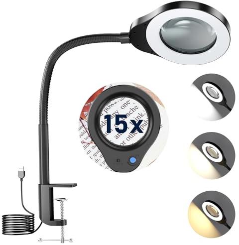 Drepint Lente Ingrandimento con Luce, 15X Lampada con Lente di Ingrandimento, Lampada d'Ingrandimento Clip, 5 Modalità Colore, Lampada d'Ingrandimento Flessibile a Collo d'Oca