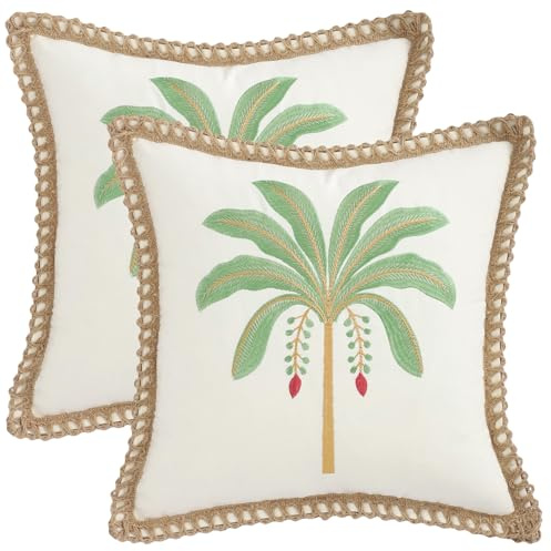 Tosleo Juego de 2 fundas de cojín de verano de 45 x 45 cm, con bordado de hojas tropicales, hojas de palma, con bordes cerrados, para sofá, dormitorio, granja, salón, decoración