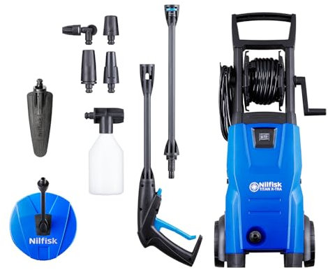 Nilfisk Titan X-TRA 120 Bar High Pressure Washer + Patio Cleaner + Foam Sprayer + Brush + Auto & Underchasis Nozzle - Power Washer for Patios and Car Washing (1400 W)