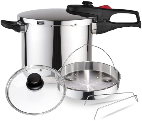 Magefesa Practika Plus - Pack Exclusivo Olla Express Rápida 6L + Cestillo + Tapa de Cristal, Acero Inoxidable 18/10, Sensor de Presión, Inducción