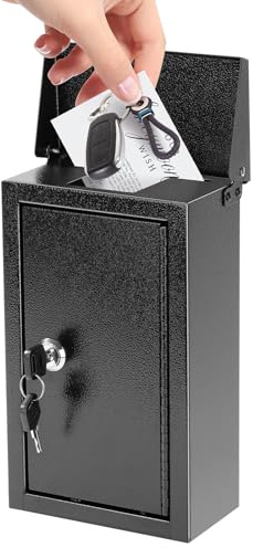 xydled Wall-Mounted Key Drop Box with Key Lock, Metal Mailbox, Indoor& Outdoor Storage Box, Hanging Secured Postbox, for Home & Business Use, 5.5X 3.0X 9.8 inch, Black