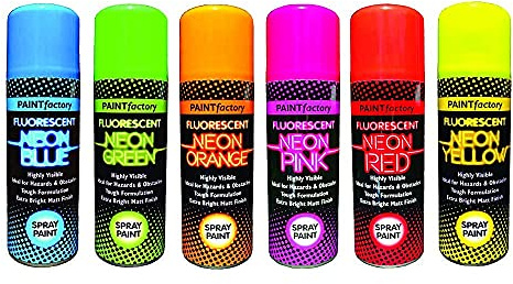 12 x Fluorescent Bright Neon Spray Paint Aerosol DIY Hi Vis Safety Graffiti Extra Bright Paint Assorted Colours Blue Green Orange Pink Red Yellow 200ml