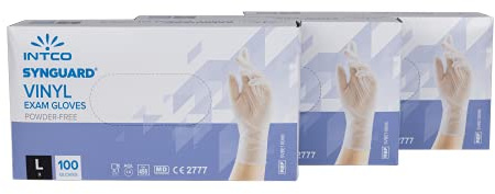 INTCO - Lot de 10 boites de 100 - Gants Vinyle médical et de l’industrie de haute qualité, normes en vigueurs. (non poudrés) Taille L