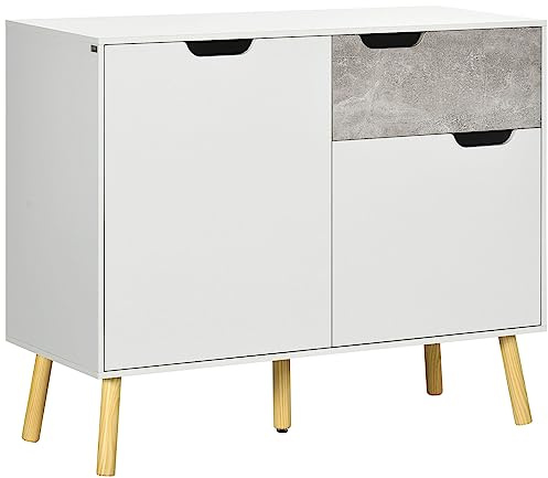 HOMCOM Mobile da Soggiorno Moderno, Credenza da Salotto e Soggiorno, 2 Armadietti a 2 Ante e Cassetto, Mobile Multiuso, Truciolato e Legno di Pino, 98x39x81.5 cm, Grigio e Bianco