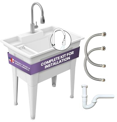 Freestanding Utility Sink with Stainless Steel Gooseneck Faucet - 32 Plastic Utility Sink for Garage, Laundry, Indoor and Oudoor Use - Laundry Tub Kit by Noah William Home - White (25.6 gal)