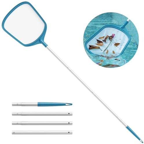 Movend 145.5cm Retino per Piscina, Retino per Skimmer per Piscina a Maglia Fine con Stabile Palo in Alluminio da 1,15 m, Guadino di Superficie con Palo da 4 Pezzi per Piscina, Alghe e Laghetto