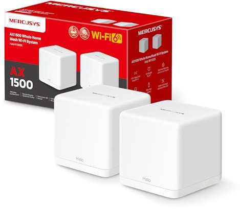 Mercusys HALO H1500X(2-Pack) - WiFi 6 Mesh AX1500Mbps, Cobertura de hasta 350 m², Conectar hasta 150 Dispositivos, Doble Banda, Solución para Toda la casa, 3 Puertos Gigabit