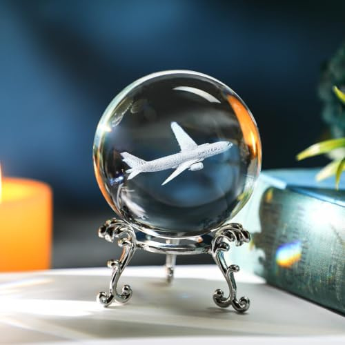 HDCRYSTALGIFTS - Bola de cristal 3D de 60 mm con avión grabado con láser, esfera de vidrio con soporte, pisapapeles, decoración de avión, regalos para pilotos, para hombres y mujeres