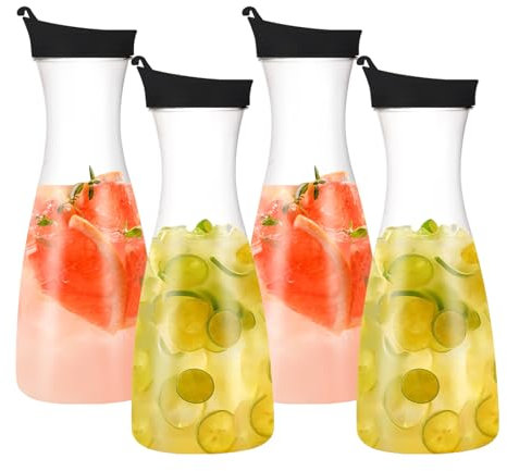 Lot de 4 Carafes à Eau en Plastique 1L Pichet à Jus avec couvercle Transparent Bouteilles de Jus en Plastique Carafe à eau froide pour eau,café,lait,thé,jus,boissons et vin (Noir)