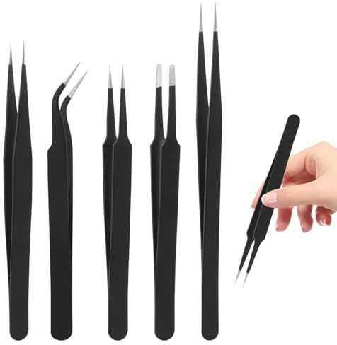 Juego de 5 pinzas puntiagudas, pinzas de acero inoxidable, pinzas de precisión para manualidades, fabricación de joyas, reparaciones electrónicas de ordenador