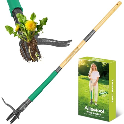 Allsetool Herramienta Extractora de Maleza con Función de Expulsión de 2 malezas, Herramienta Vertical de 111cm para Eliminar Dientes de león, Mango de Bambú Auténtico y 4 Garras Metálicas con Pedal