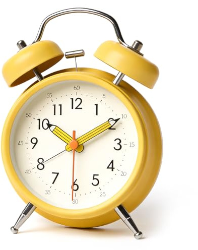 Linlinwill Loud Alarm Clock for Heavy Sleepers, Silent Metal Alarm Clock Non Ticking, 4 Twin Bell Alarm Clock with Night Light, Battery Operated Analogue Alarm Clock for Bedroom (Yellow)