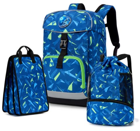 Amythe Ergo skolväska set 3 delar ergonomisk, skolryggsäck pojkar från 1 st. Klass + väska med dragsko med skofack + fackficka, ryggsäck barn med bröstrem, reflektorer, regnskydd, blå fotboll
