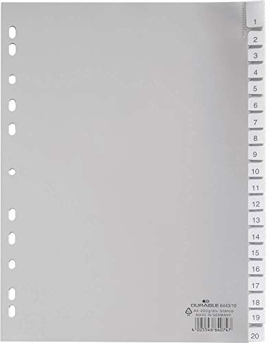 Durable 644310 Indexes with Sealed Tabs and Insert Labels 20, grå | Universell hål, glasklar insydda flikar, insticksetiketter, lämpliga för Duraprint programvara