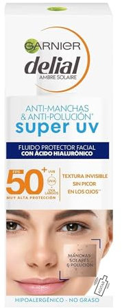 Garnier Delial Super UV Fluido Hidratante con [Ácido Hialurónico + Vitamina E]. Muy Alta Protección FPS 50+. Textura invisible. Sin picor en los ojos. No pegajoso, no graso e hipoalergénico. 40 ml