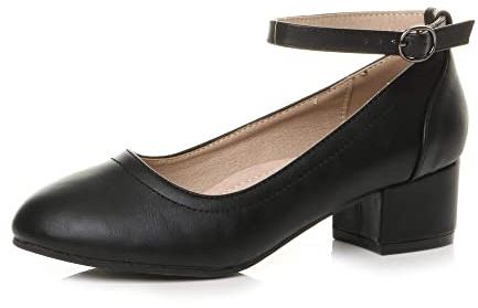 AJVANI Low mid Block Heel Mary Jane Casual Buckle Court Shoes Size 6 39 Black Matte