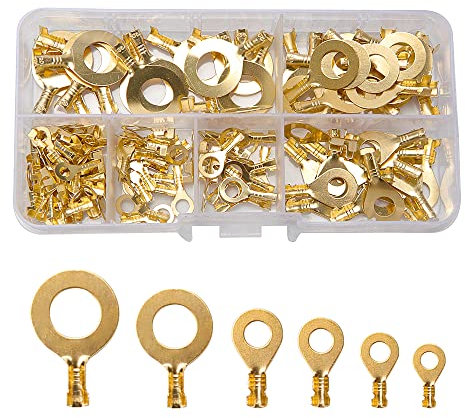 VooGenzek 150 Pièces Cosses De Câble Électrique En Laiton, Kit Cosses Electrique Ronde en Laiton Cosse à Sertir, Bornes à Sertir à Anneau, M3 M4 M5 M6 M8 M10