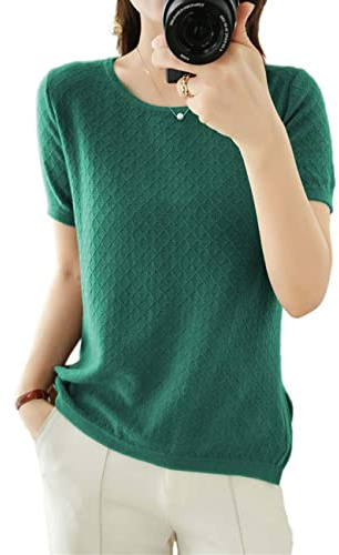 Ailaile Pull d'été à manches courtes pour femme - Pull fin en coton tricoté - Col rond - Léger - Chemisier pointelle, vert, Taille XL