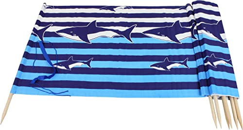 Windschutz Strand, Länge 8 Meter, in weißen, marineblauen und blauen Streifen mit Haifischen, mit Schultergurt