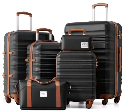 LONG VACATION 6 Piece Luggage Set Carry on Suitcase with ABS+PC hardshell, Spinner Wheels & YKK Zipper TSA Lock (BLACK-BROWN, 6 piece set)