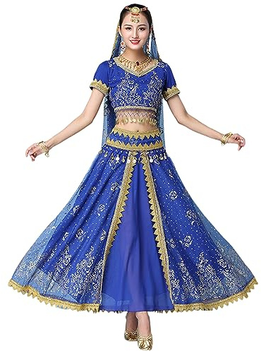 OTMYIGO Vestido de Bollywood, Disfraz de Adulto, Conjunto de Danza India para Mujer, Ropa de Sari para Danza del Vientre, Ropa de actuación de Baile, Conjunto de Falda de Gasa,Azul,XL
