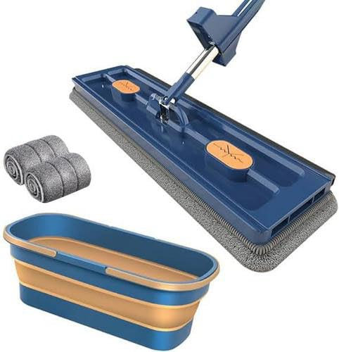 Eteslot flachmopp Set mit Eimer - großer flachmop wischmopp mit auswringfunktion - großer flachmopp Eimer - 360 Grad drehbar - mit 2 waschbaren Mikrofaser-Pads