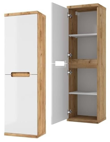 .Deftrans Domodomo Bad-Hängeschrank schmal 138,6 x 40,4 x 29,2 cm, Stauschrank, weiß glänzend + Eiche Craft Gold, Bad-Hängemöbel, Vier Einlegeböden