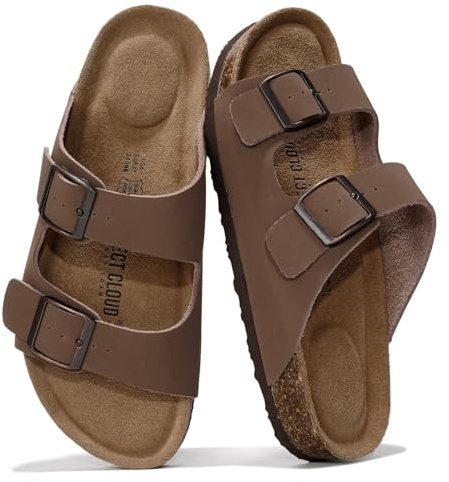 Project Cloud 100% Genuine Leather Flat Sandals For Women 2026 Cork Footbed Womens Sandals with Memory Foam and arch support Vacation Essentials Slides for Women Footwear (Venita, Tan, 7.5)