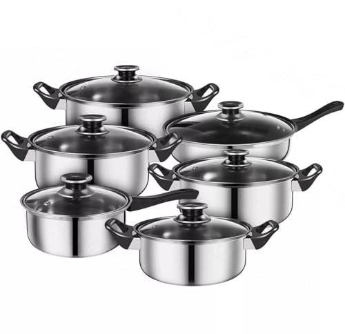 6 Pcs Induction Stainless Steel Pan Cookware Set, Saucepan Set Non Stick with Glass Lids,Silver