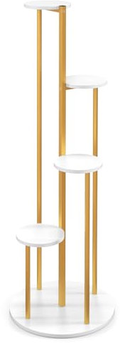 TANGZON 5-Tier Corner Plant Stand, Tall Plant Pot Display Stand Holder with Anti-Slip Pads, Indoor Outdoor Metal Flower Rack Ladder Shelf for Home Office Garden Balcony Decor (White + Golden)