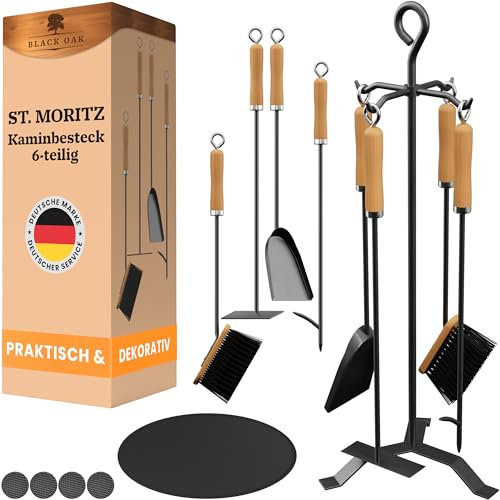BLACK OAK Kaminbesteck ST. MORITZ 6-teilig - wohnliches & dekoratives Ofenbesteck Set schwarz mit Holzgriff 6 teilig Ständer + Aschekratzer Schürhaken Ascheschaufel Kaminbesen & Feuerschutzmatte Stahl